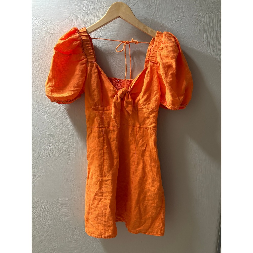 & Other Stories Orange 100% Linen Puff Sleeve Tie Front Mini Dress O/N 239429